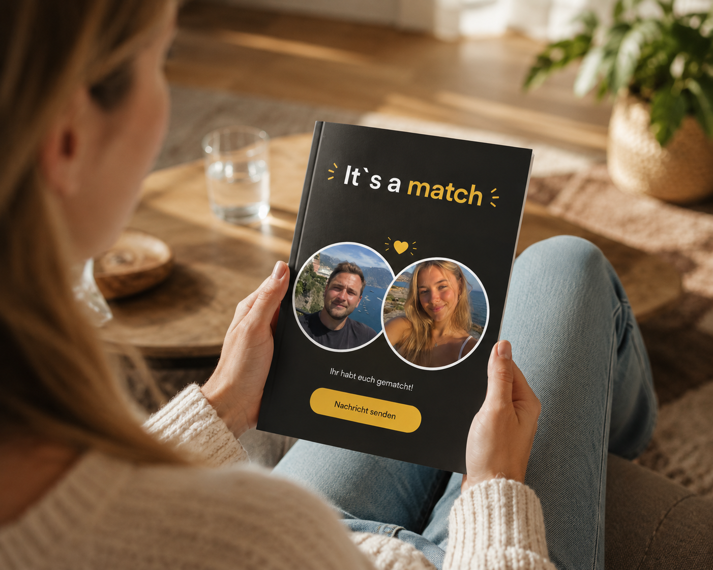Frau hält gedrucktes Dating Buch in der Hand